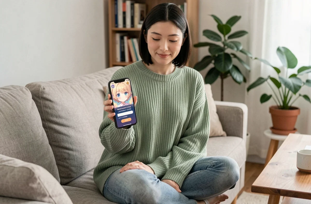 Femme activant un code promotionnel sur un jeu anime depuis son smartphone dans un salon