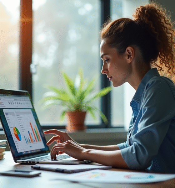 Femme d'affaires analysant des graphiques colorés sur son ordinateur