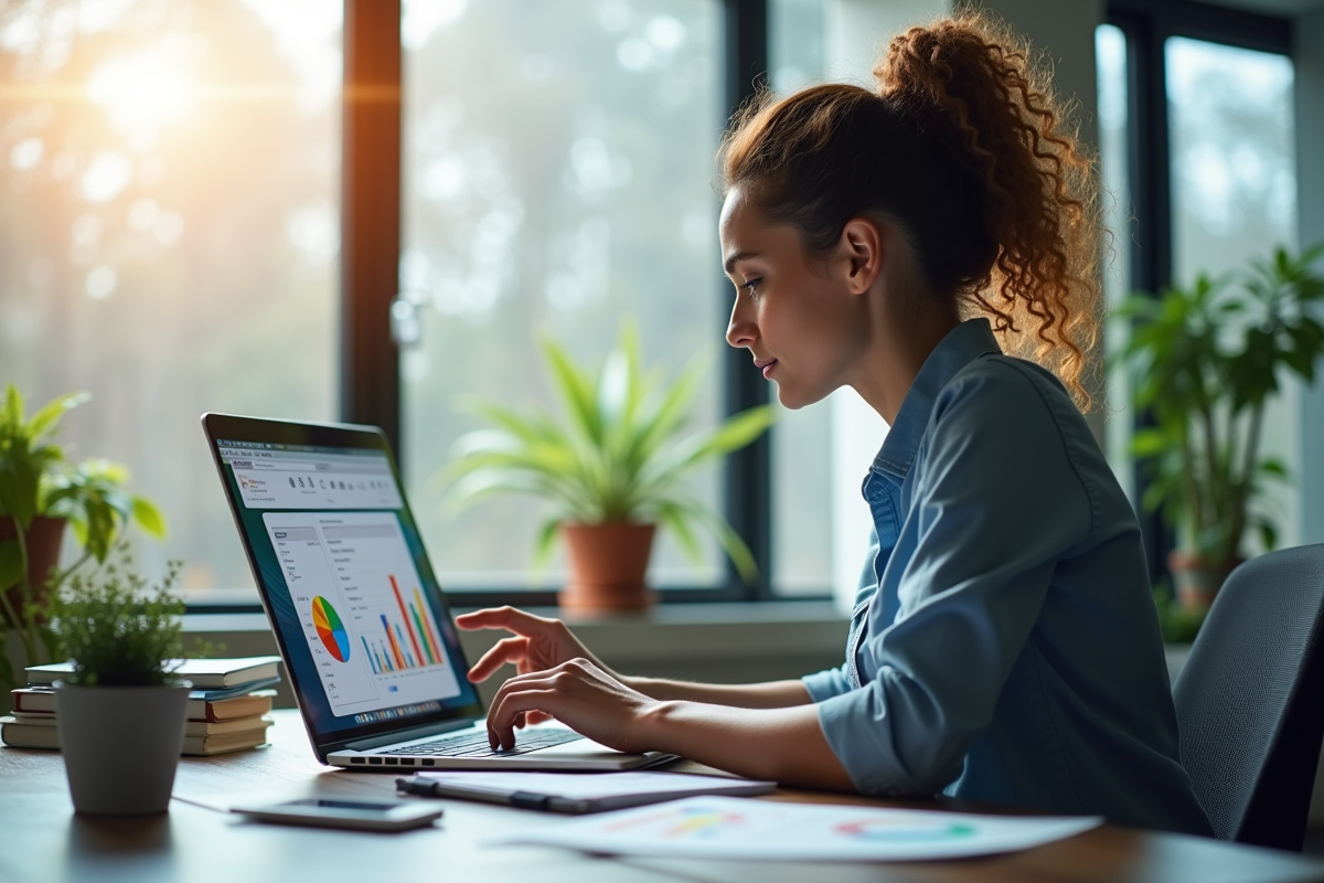Femme d'affaires analysant des graphiques colorés sur son ordinateur