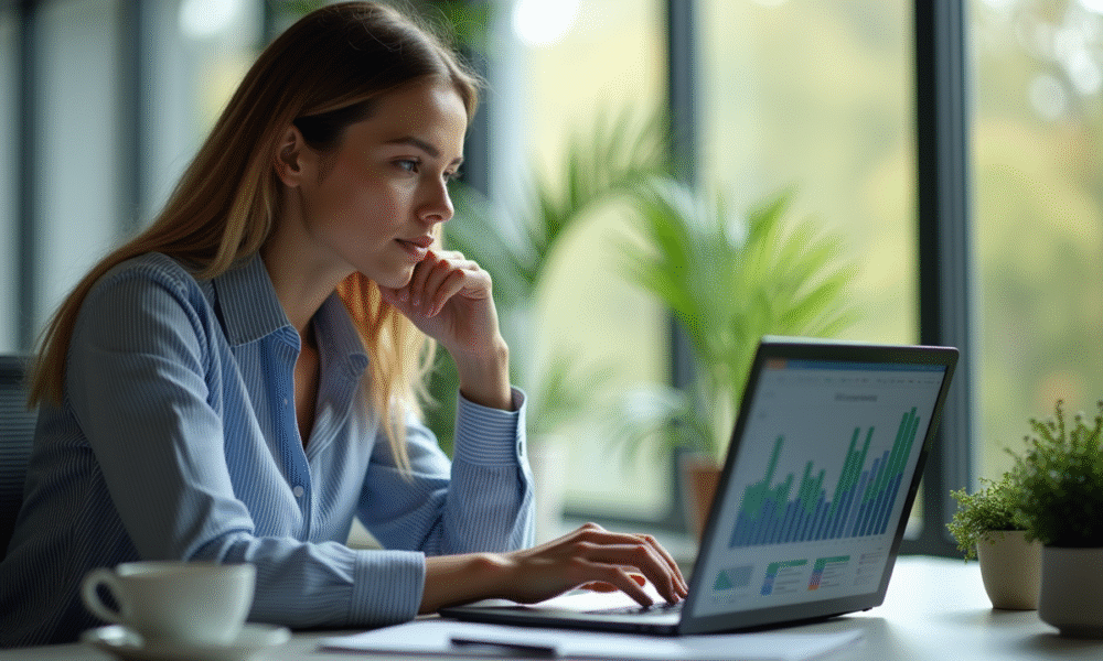 Femme d'affaires analysant des graphiques marketing sur son ordinateur