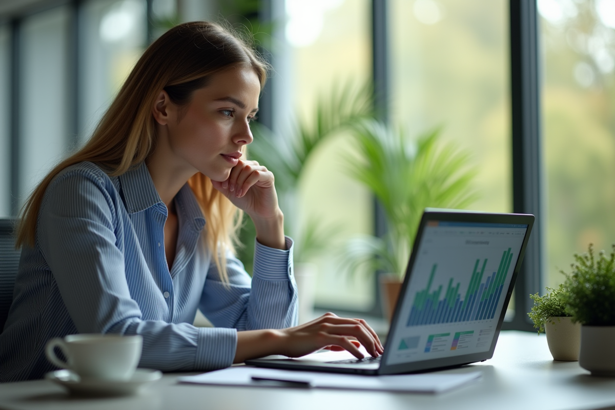 Femme d'affaires analysant des graphiques marketing sur son ordinateur