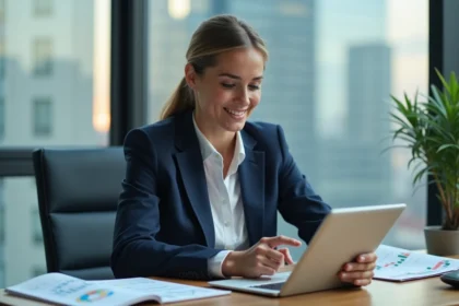Femme d'affaires confiante regardant des graphiques financiers