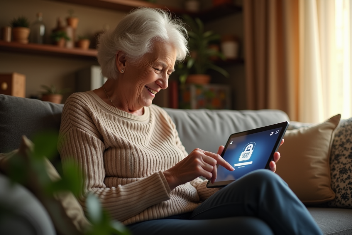 Femme agee souriante utilisant une tablette pour banque en ligne a la maison