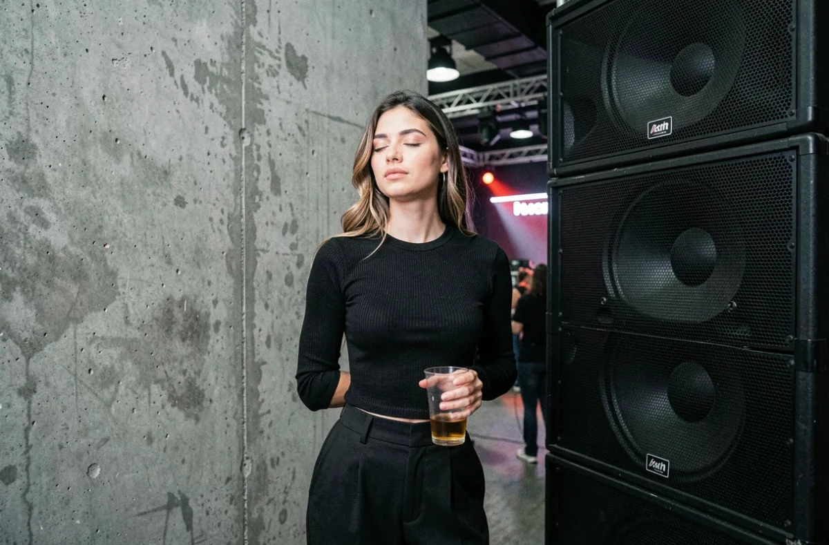 Jeune femme écoutant la musique près d'une colonne de baffles dans un club électro parisien