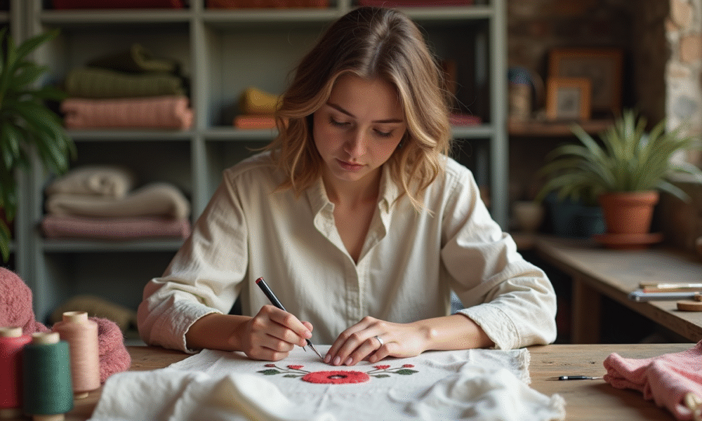Femme brodant un motif floral sur tissu dans un atelier