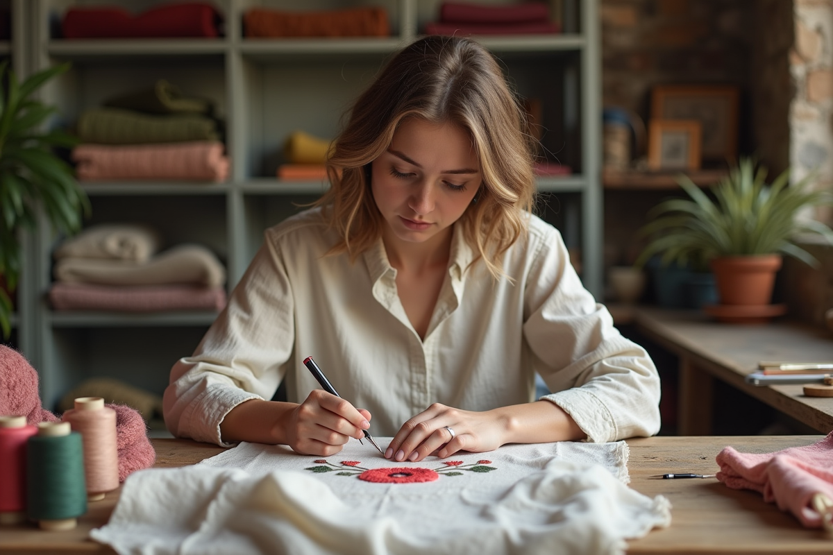Femme brodant un motif floral sur tissu dans un atelier