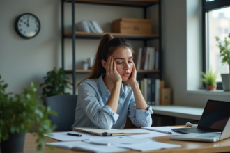 Jeune femme stressée au bureau regardant l'horloge