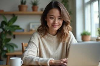 Femme assise à son bureau à domicile en train de travailler
