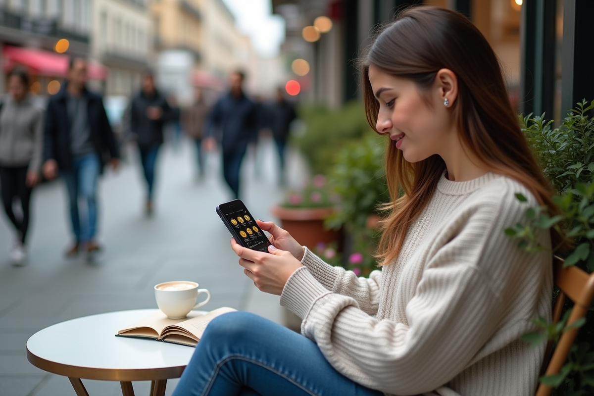 Femme assise dehors utilisant son smartphone avec logo crypto