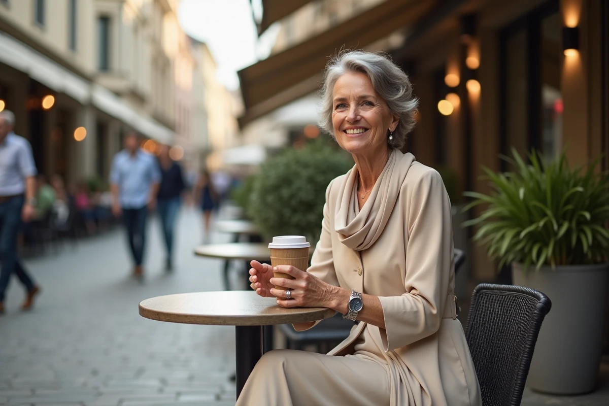 Femme assise au café en robe chic et foulard