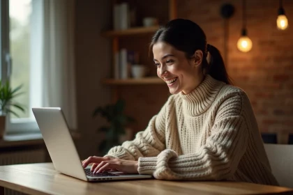 Femme tapant un code de rachat Chapters sur son ordinateur portable dans un bureau à domicile chaleureux