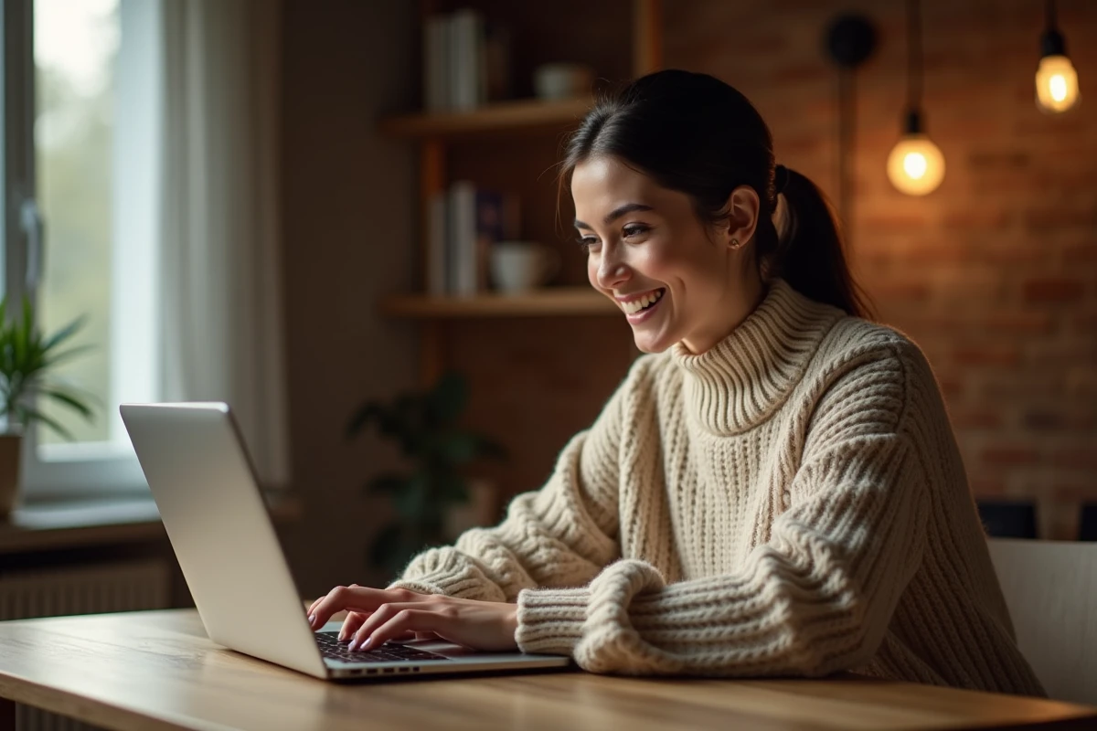 Femme tapant un code de rachat Chapters sur son ordinateur portable dans un bureau à domicile chaleureux