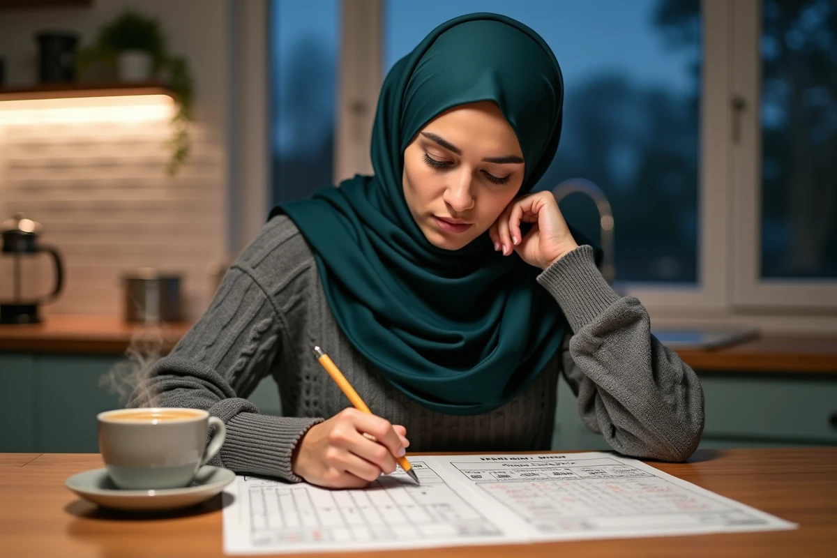 Jeune femme musulmane comparant les horaires Imsak selon différentes écoles juridiques islamiques en France