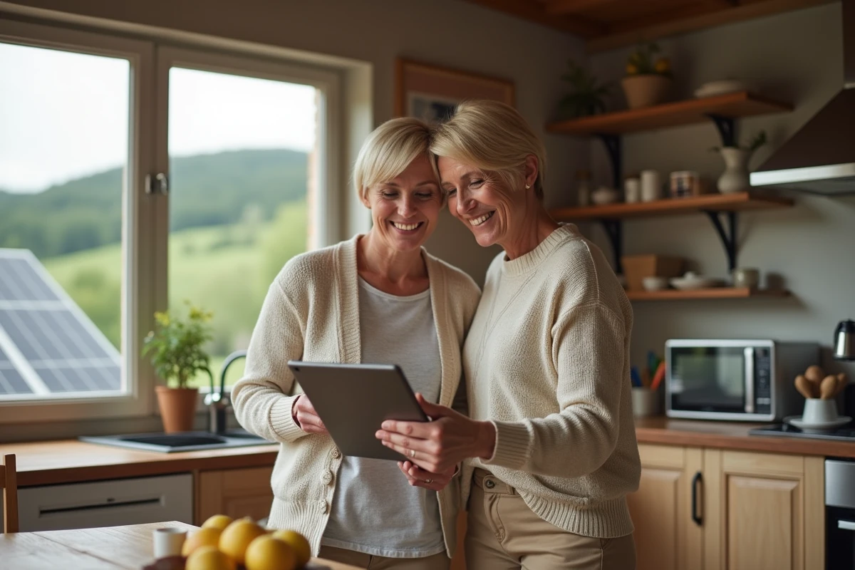 Femme souriante vérifiant un tableau dans sa cuisine