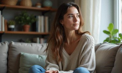 Femme pensante dans un salon cosy avec livres et plantes