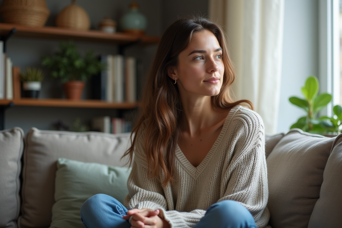 Femme pensante dans un salon cosy avec livres et plantes
