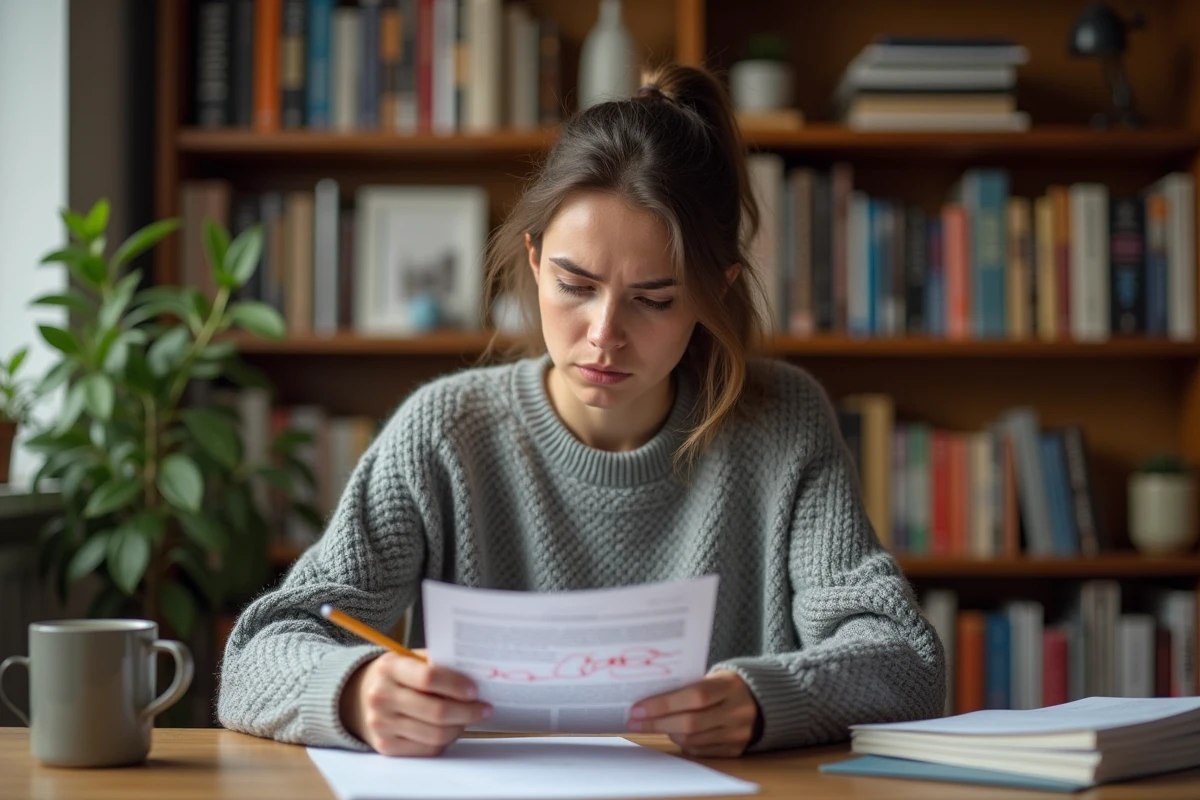 Jeune femme relisant une copie avec des fautes de français corrigées au stylo rouge sur son bureau en bois