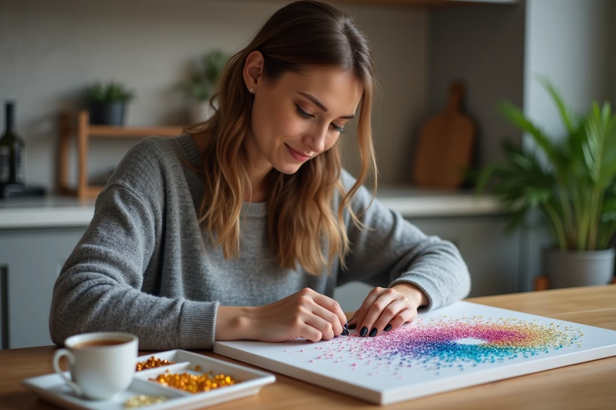 Femme créant une œuvre avec des diamants de résine sur un canvas