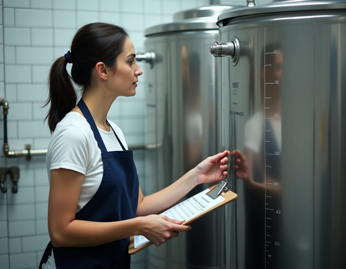 Femme en cuisine industrielle utilisant un tableau de conversion pour mesurer des volumes en litres et mètres cubes