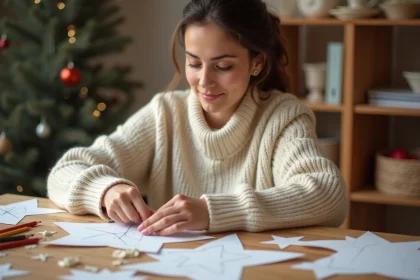 Femme découpant des dessins de Noël imprimés en forme d'étoiles sur une table en bois rustique pour créer une guirlande festive
