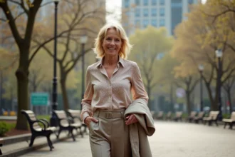 Femme élégante dans un parc au printemps avec blouse fluide