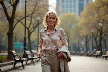 Femme élégante dans un parc au printemps avec blouse fluide