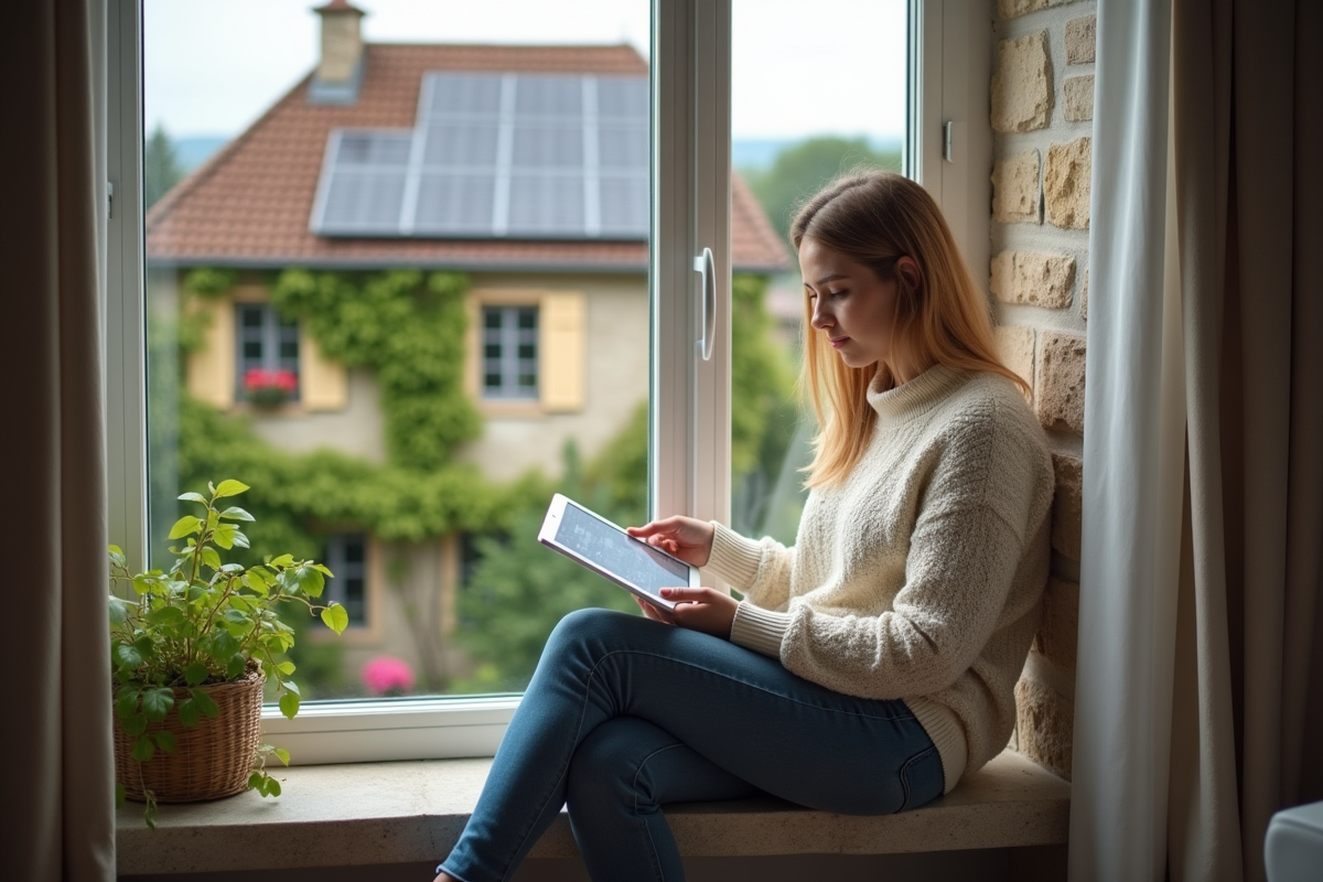 Jeune femme vérifiant ses statistiques d énergie dans une maison normande