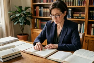 Femme étudiant les nuances grammaticales du français avec des livres de grammaire ouverts sur un bureau en bois