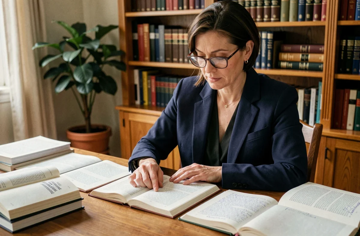 Femme étudiant les nuances grammaticales du français avec des livres de grammaire ouverts sur un bureau en bois