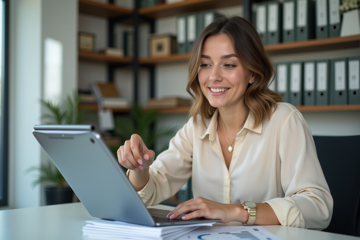 Jeune femme pointant un graphique sur une tablette dans un bureau immobilier