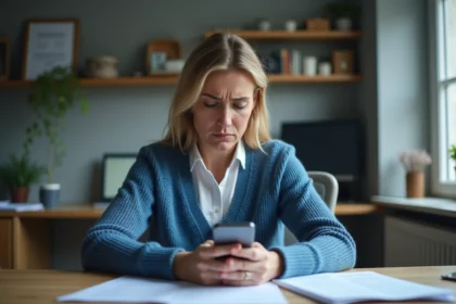 Femme inquiète au bureau avec smartphone en main