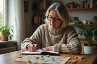 Femme d'âge moyen jouant au Scrabble à la maison
