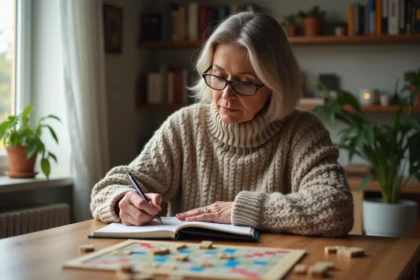 Femme d'âge moyen jouant au Scrabble à la maison