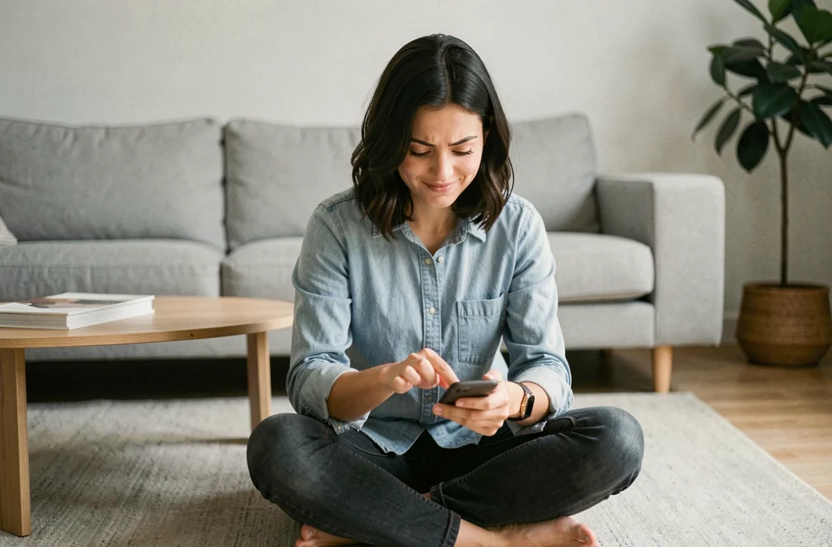 Jeune femme jouant au morpion sur smartphone, assise en tailleur sur le sol d'un salon scandinave moderne