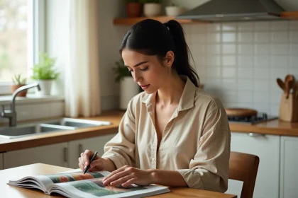 Femme feuilletant le magazine Garan Cedore à la maison pour trouver des bons plans et réductions