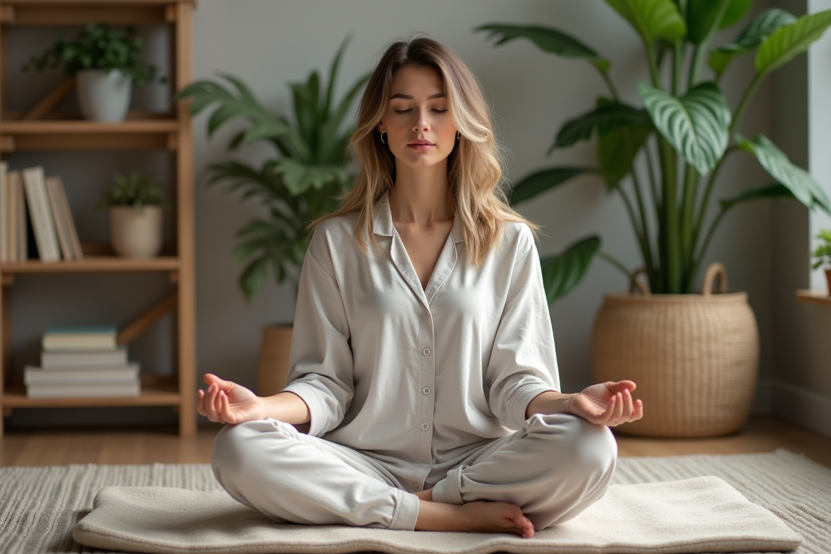 Femme méditant paisiblement dans un salon cosy