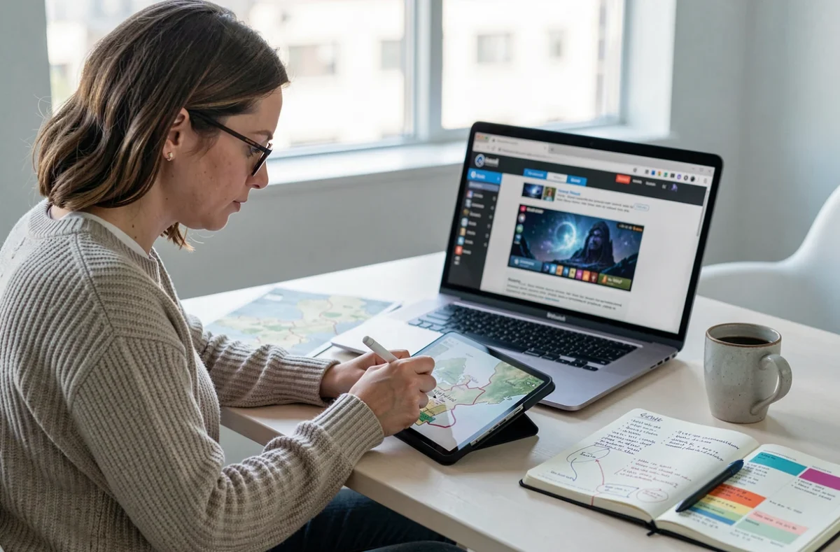 Femme optimisant ses trajets entre portails Dofus avec une tablette et une carte annotée à la main