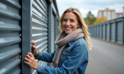 Femme souriante ouvrant une porte de selfstorage extérieur