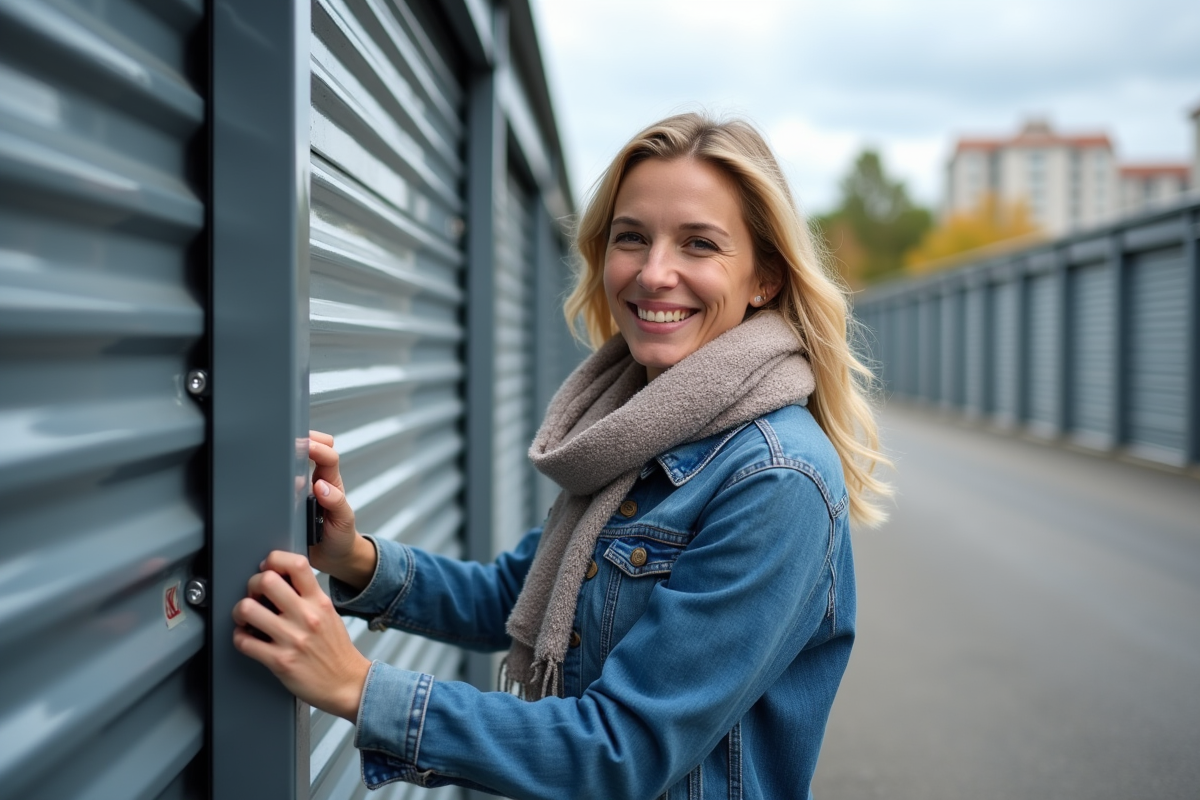 Femme souriante ouvrant une porte de selfstorage extérieur