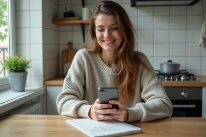 Femme française assise à une table de cuisine moderne