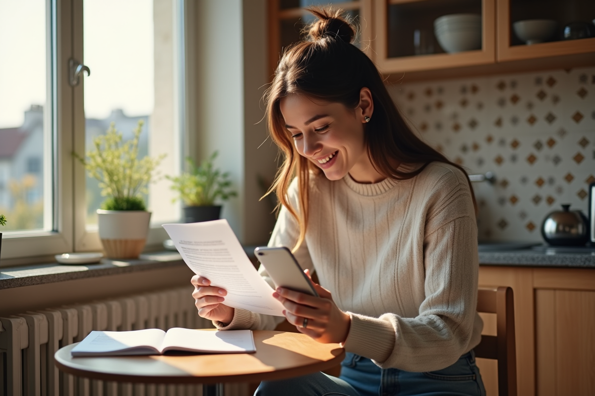 Jeune femme française dans une cuisine cosy vérifiant son téléphone