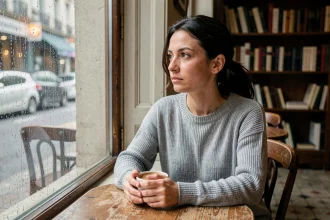 Femme pensive seule dans un café parisien, regardant par la fenêtre sous la pluie, illustrant l'attachement à un amour non réciproque