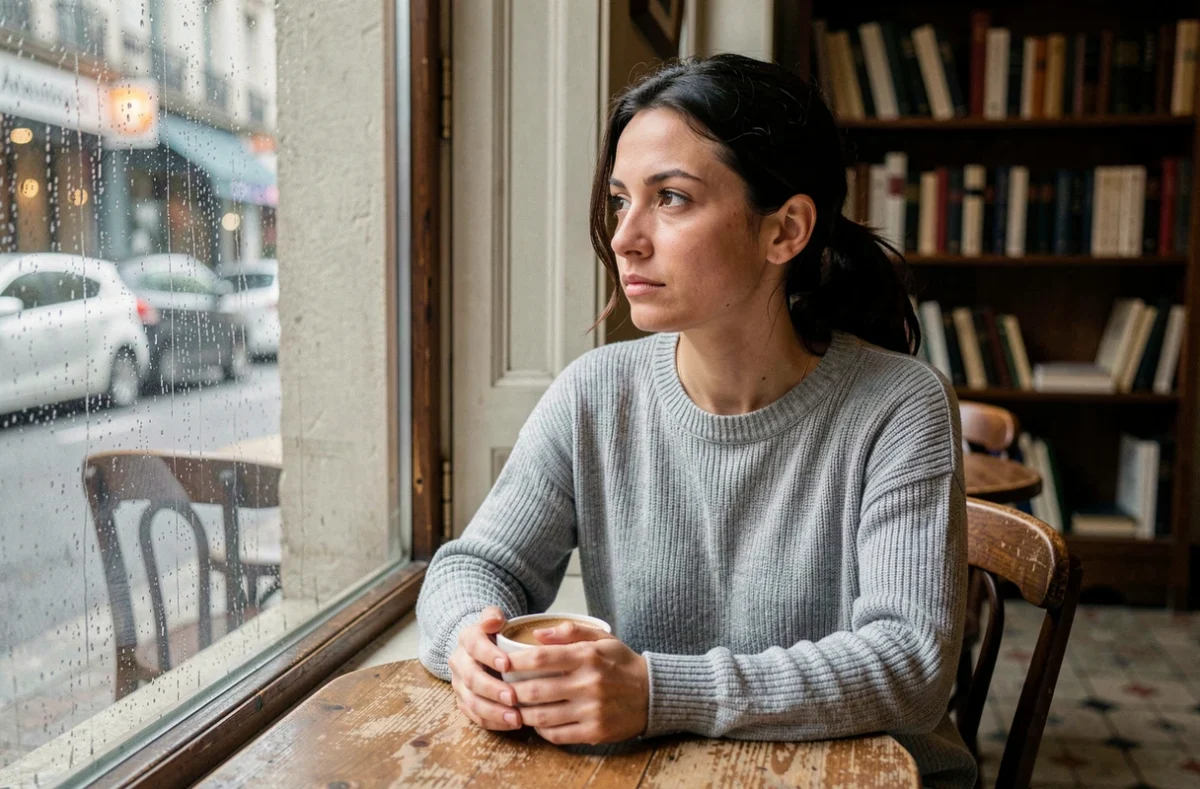 Femme pensive seule dans un café parisien, regardant par la fenêtre sous la pluie, illustrant l'attachement à un amour non réciproque