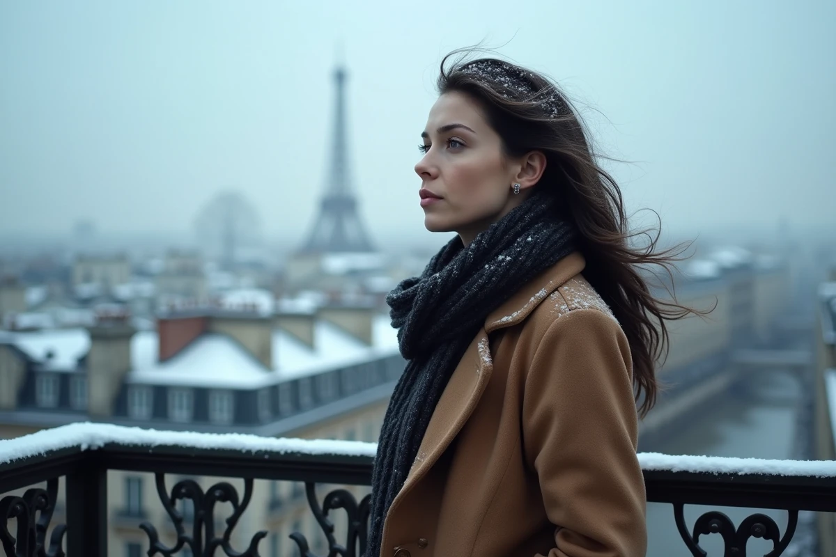 Femme pensive sur un toit enneigé de Paris au crépuscule, atmosphère mélancolique évoquant le paradis blanc de Michel Berger
