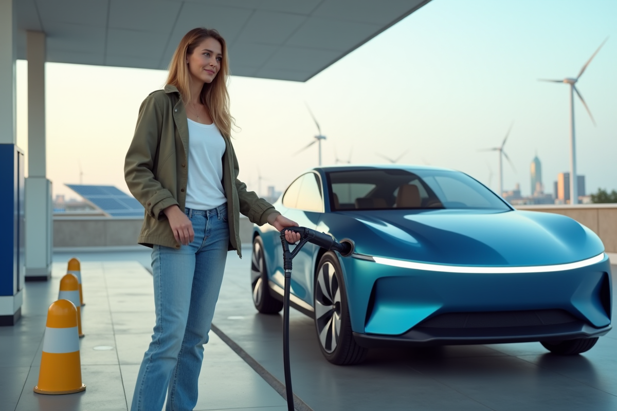 Jeune femme faisant le plein d une voiture électrique à l extérieur