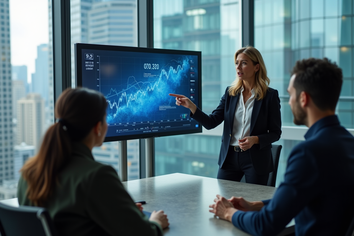 Femme en présentation blockchain devant collègues en salle de réunion