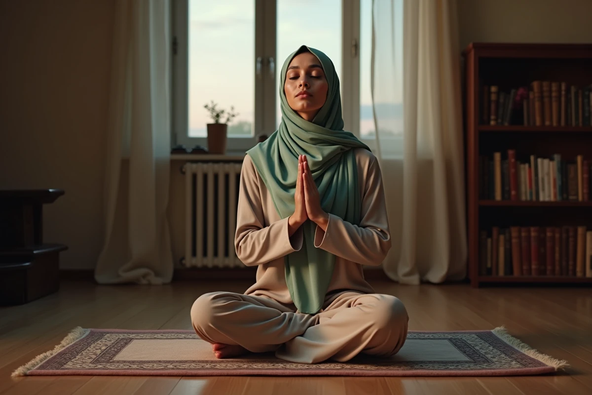 Femme en hijab vert réalisant la prière de Maghreb sur un tapis de prière à domicile au crépuscule
