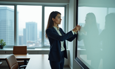 Femme confiante en réunion avec écran portable en entreprise