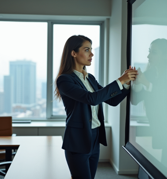 Femme confiante en réunion avec écran portable en entreprise