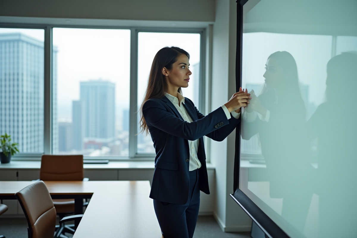 Femme confiante en réunion avec écran portable en entreprise